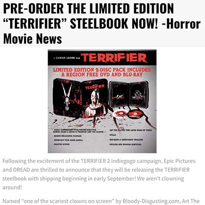 PRE-ORDER THE LIMITED EDITION “TERRIFIER” STEELBOOK NOW! -Horror Movie News